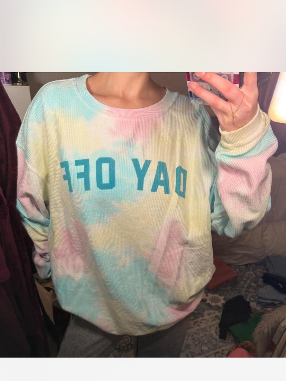 American Threads Pastel Tie-Dye 'DAY OFF' Crewneck Sweater - Blue, Pink, Yellow